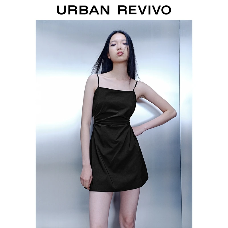 UR2025秋季新款女装时尚褶皱收腰镂空吊带连衣裙UYY750099+