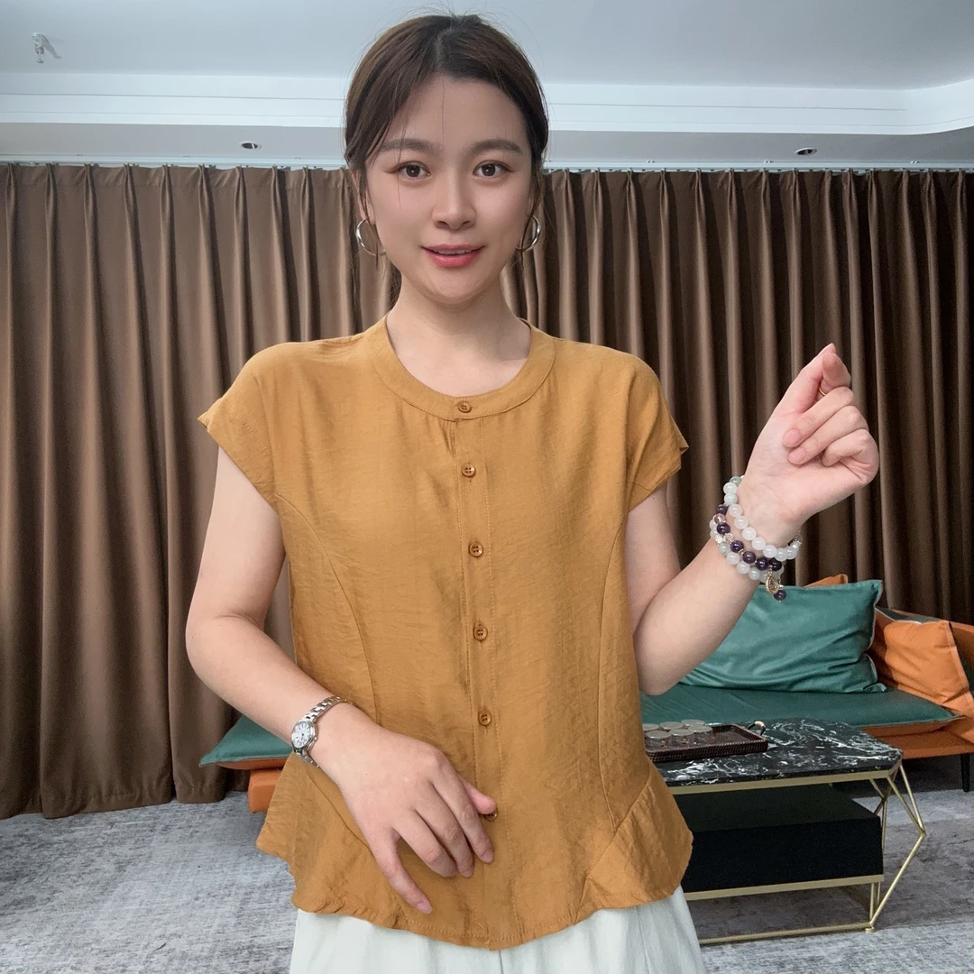 夏季新款圆领纯色休闲T恤衬衫显瘦减龄百搭复古气质女士薄款上衣