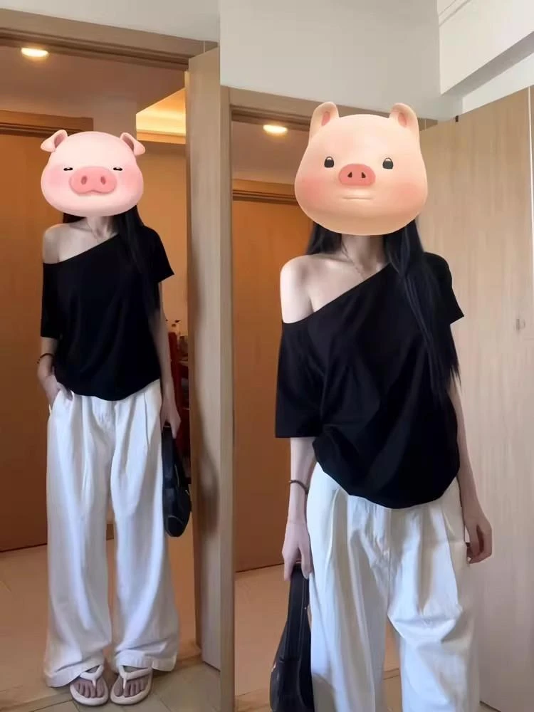 T恤倾肩袖纯欲风慵懒风常规款极简风短袖休闲风镂空抗静电显瘦