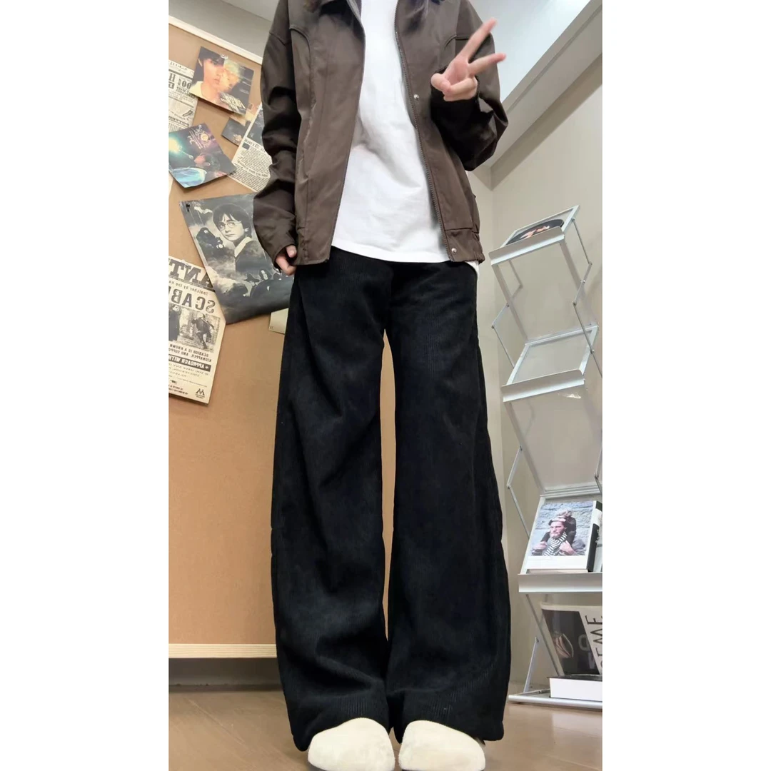 复古重磅灯芯绒裤子男女冬加绒加厚阔腿裤高腰显瘦百搭直筒休闲裤