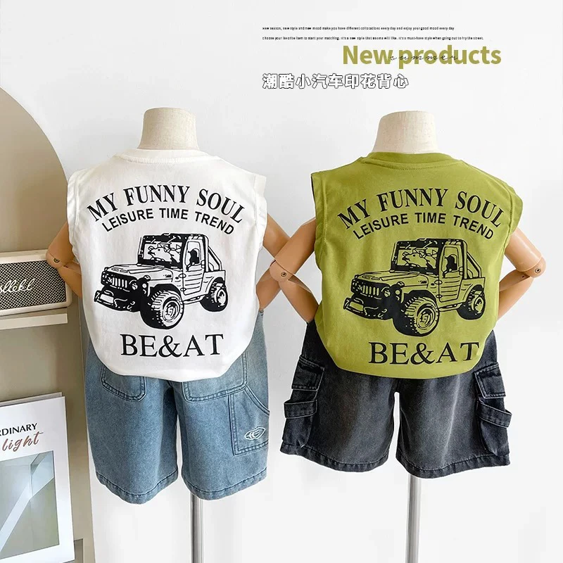 2025薄款童装儿童个性汽车印花纯棉背心宝宝百搭帅气无袖T