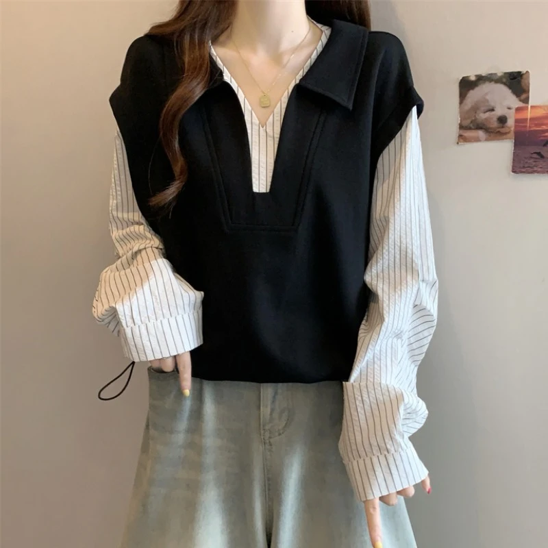 大码假两件条纹拼接POLO领卫衣女春秋微胖MM宽松显瘦百搭洋气上衣