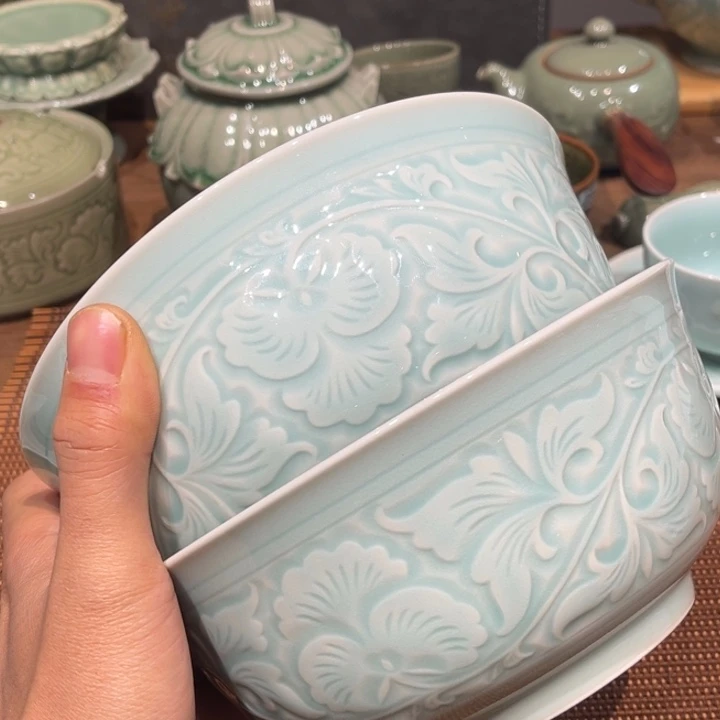 天青色 7 英寸牡丹碗正品 2 只