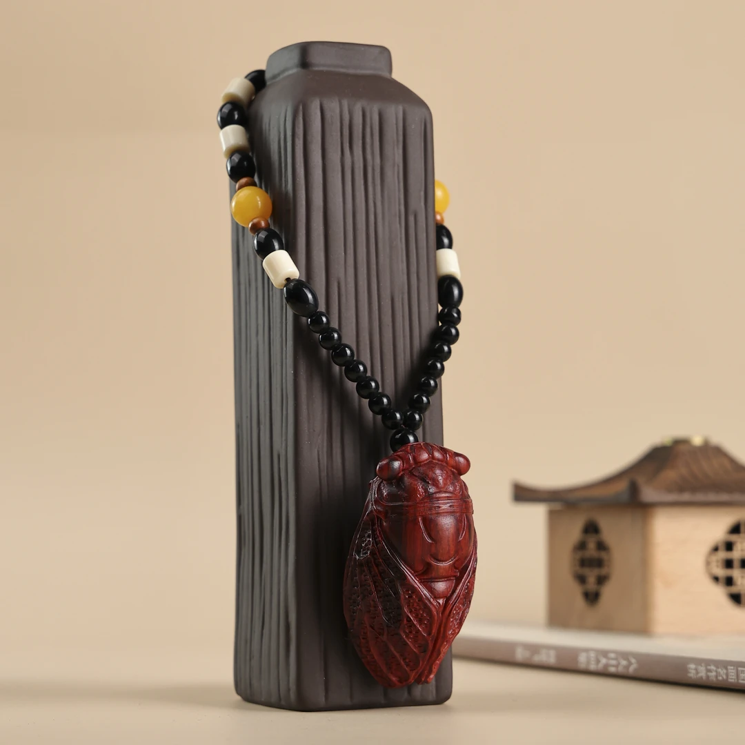 紫檀木雕刻一鸣惊人知了手把件车挂家居挂饰文玩