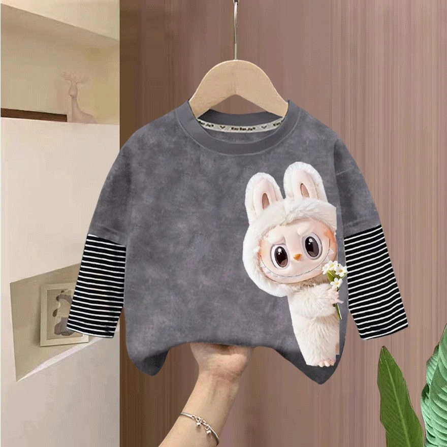 拉布布系列春秋2025爆款纯棉t恤长袖圆领卡通男童女童卡通假两件t