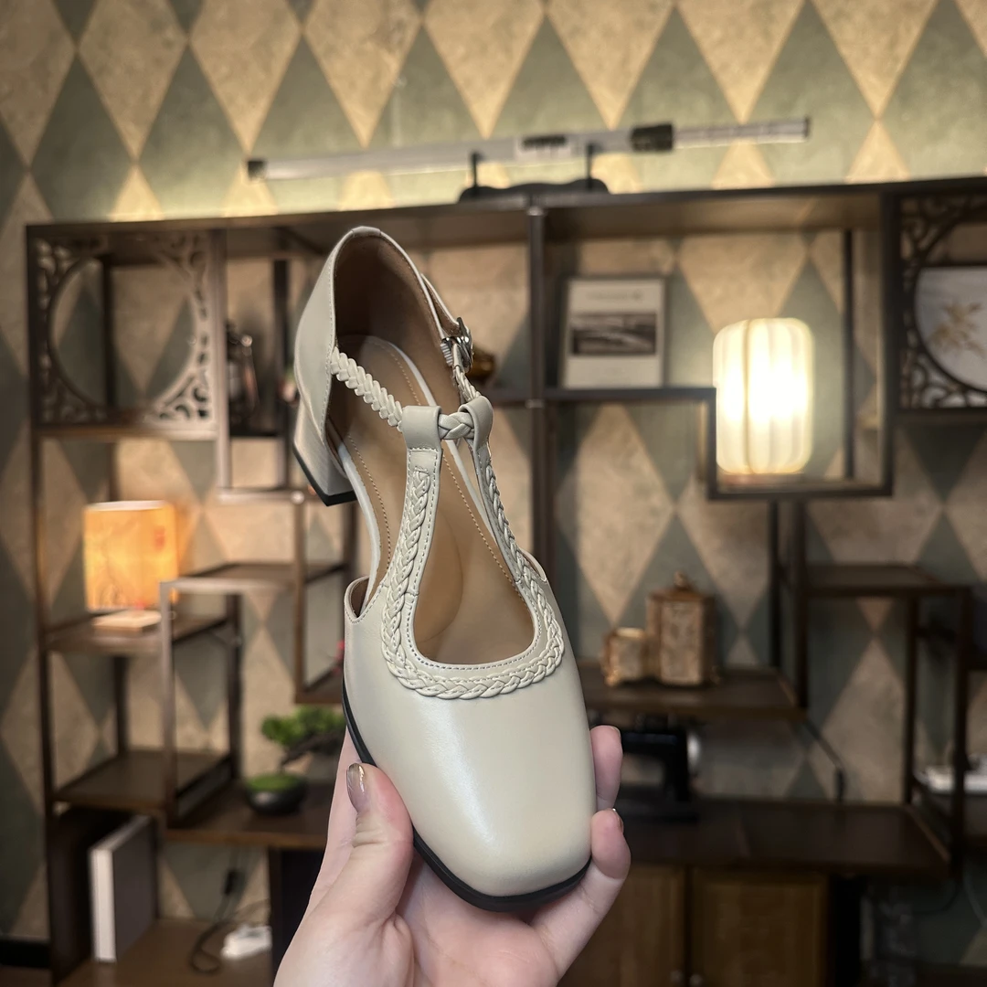 半坊手工女鞋|34-40|4cm|复古粗跟百搭圆头真皮凉鞋
