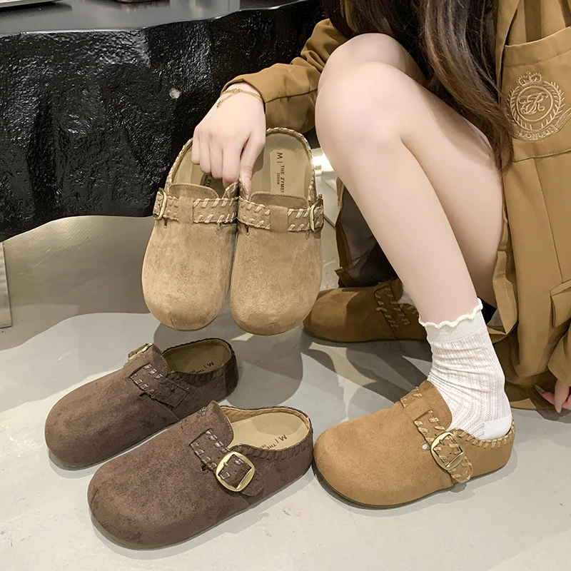 厚底内增高勃肯拖鞋秋季新款翻毛皮一脚蹬外穿软底博肯包头半拖鞋