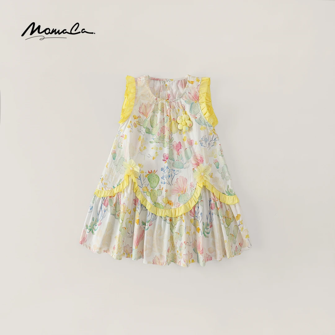 MOMOCO女童2025新款碎花田园风纯棉拼接花边袖连衣裙77630484015