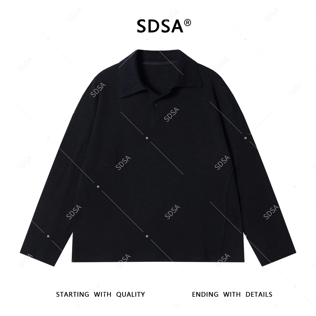 SDSA男士2025新款轻奢痞帅男装纯色翻领长袖T恤简约时尚百搭上衣