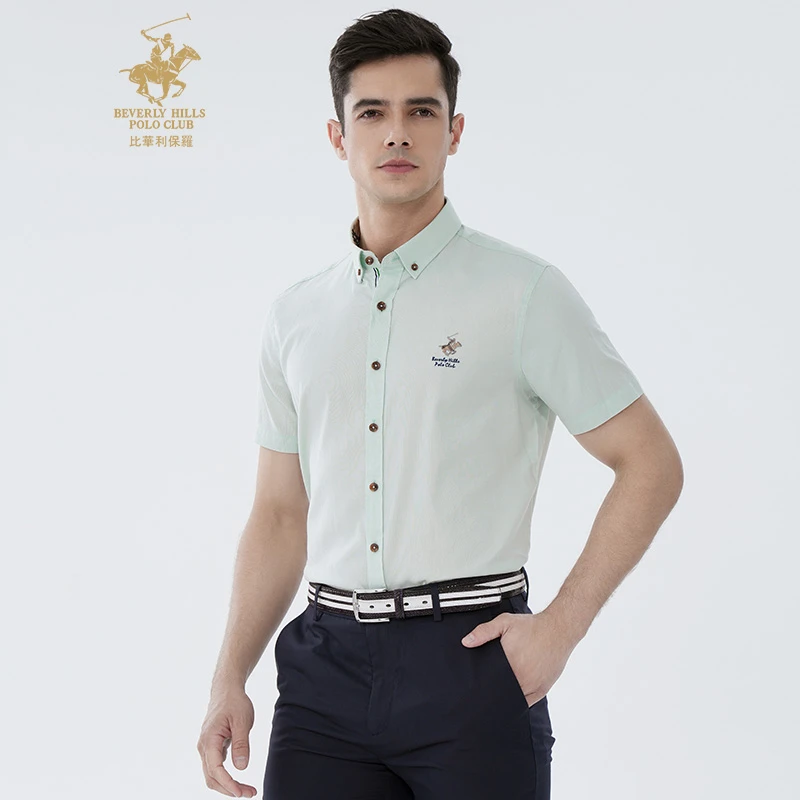 比华利保罗春夏新款短袖衬衫男牛津纺商务纯棉翻领正装上衣