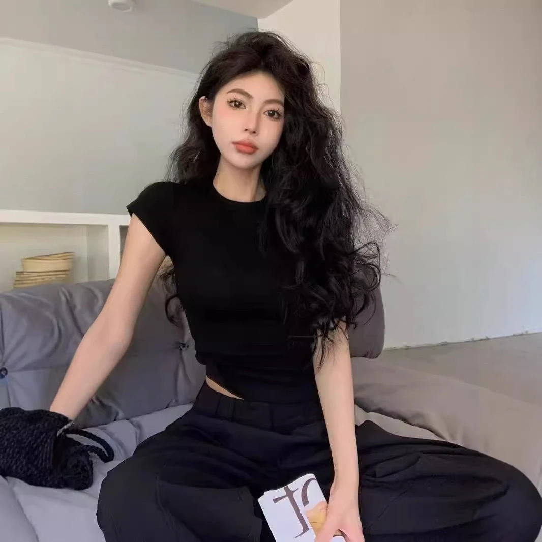 夏季正肩t恤白色短袖女修身辣妹短款打底衫新款圆领外穿源厂家