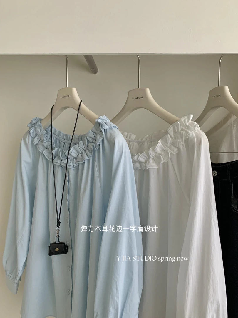 法式风格木耳边一字领露肩短款设计感衬衫女春夏上衣