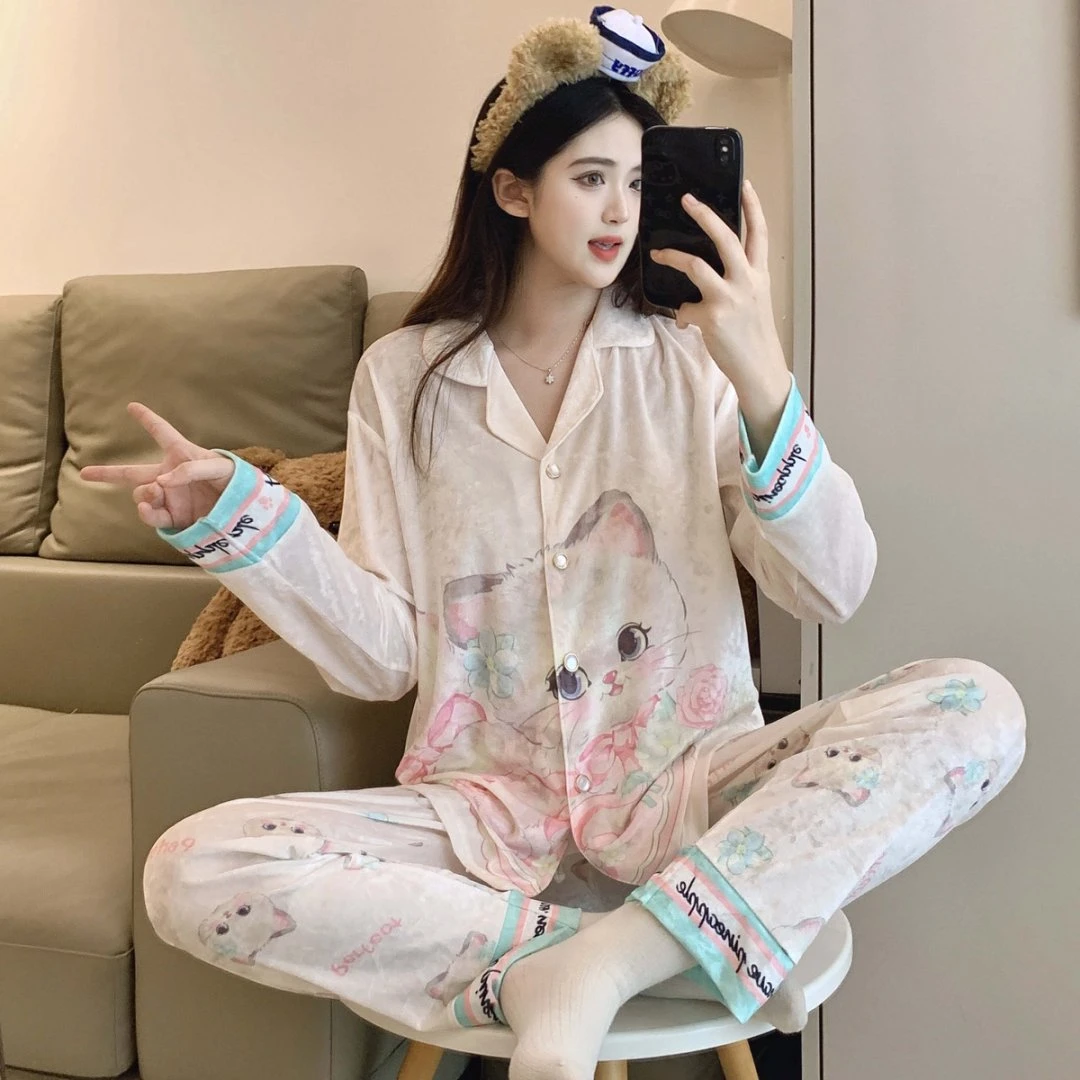 【小奶猫】卡通甜美可爱金钻绒长袖秋冬季家居服套装睡衣