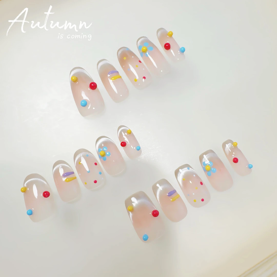 缤纷世界 可爱春夏款微笑法式猫眼 纯手工穿戴甲可拆卸