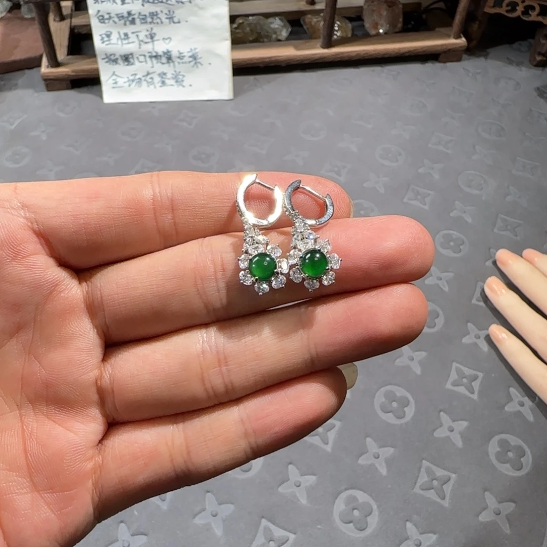 银S925镶嵌翡翠耳饰翡翠危料