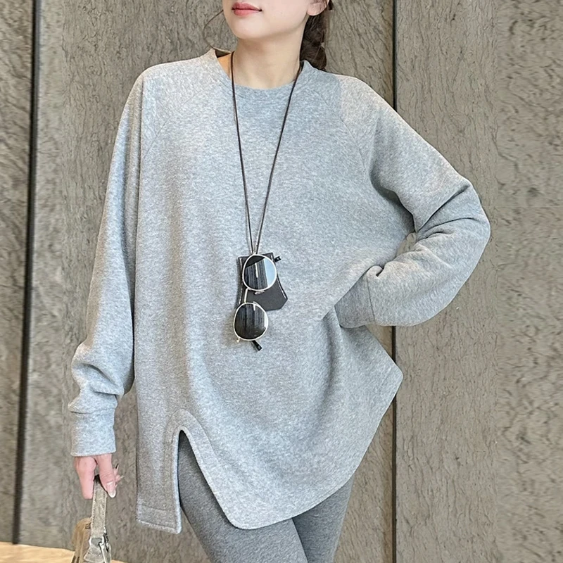 2024秋冬新款开叉圆领外穿百搭韩版秋装时尚T恤灰色纯色薄款显瘦