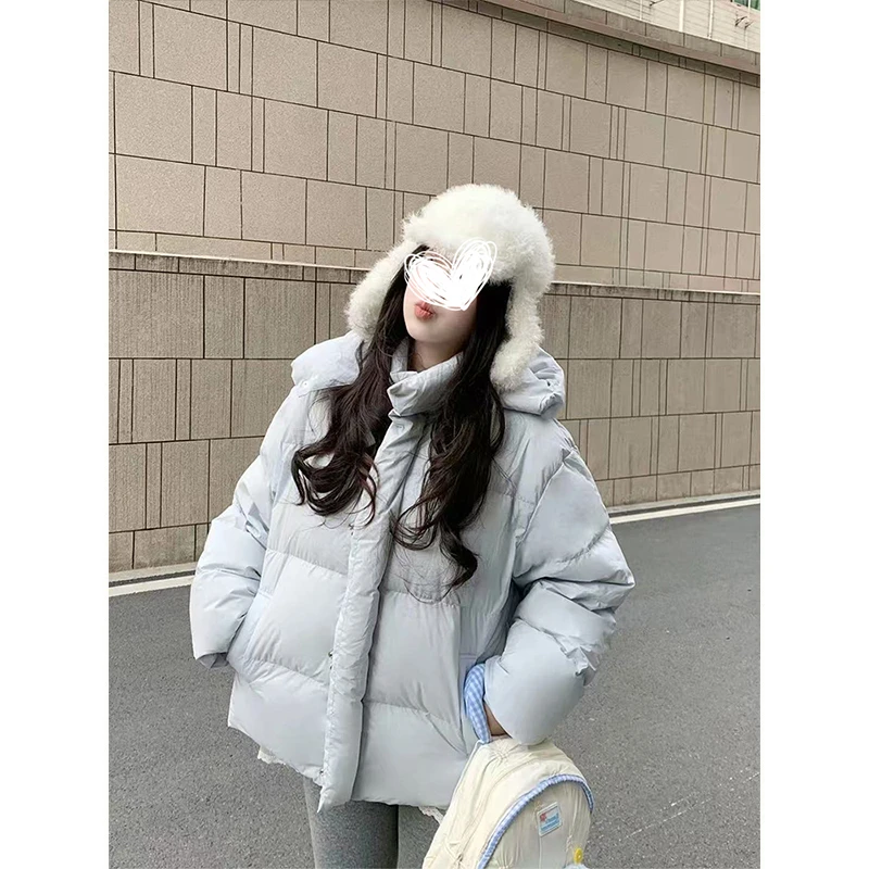 Moses Queen/魔西女王蓝色连帽棉服外套冬季加厚保暖立领宽松棉服