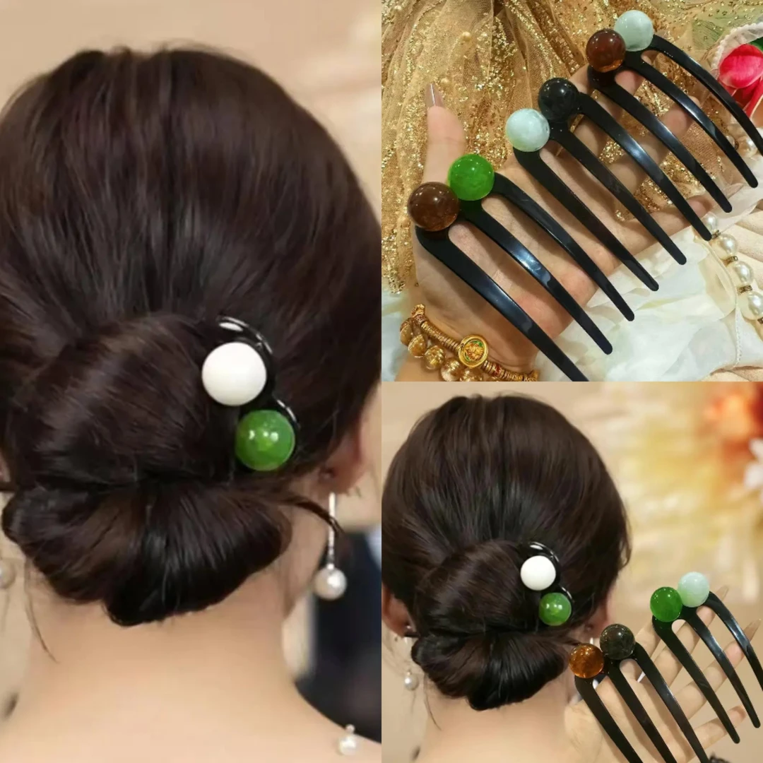 网红三齿发簪女简约珠珠簪子时尚百搭气质发钗后脑勺盘发神器头饰