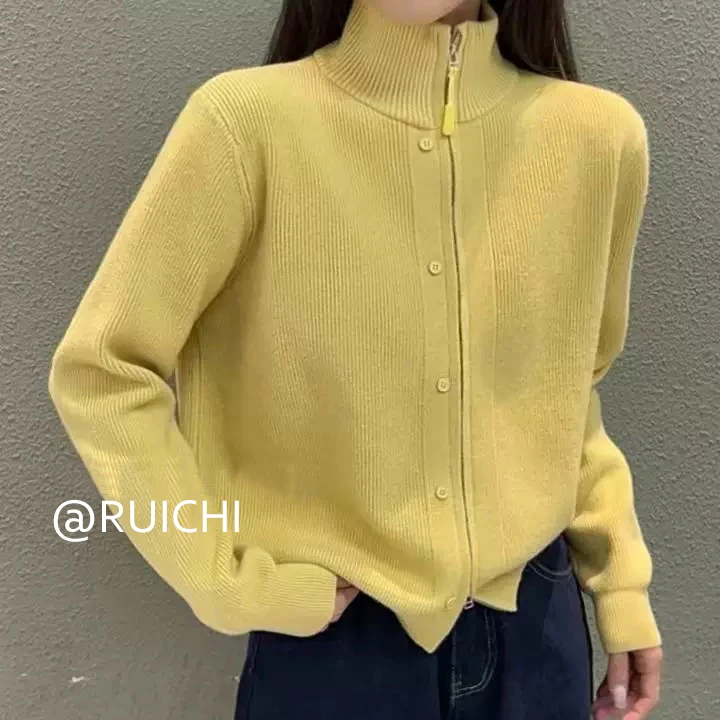 设计感2025纯色针织衫ins女装单排扣拉链上衣韩版气质简约