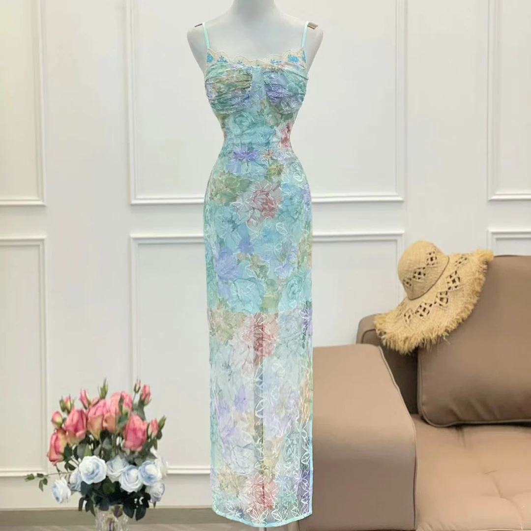 BECHARMING「郁郁幽香」时尚气质蕾丝拼接花边显瘦连衣裙Q0938