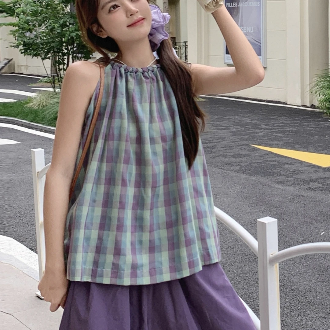 夏季新款甜美风格子拼接撞色无袖吊带上衣背心小衫