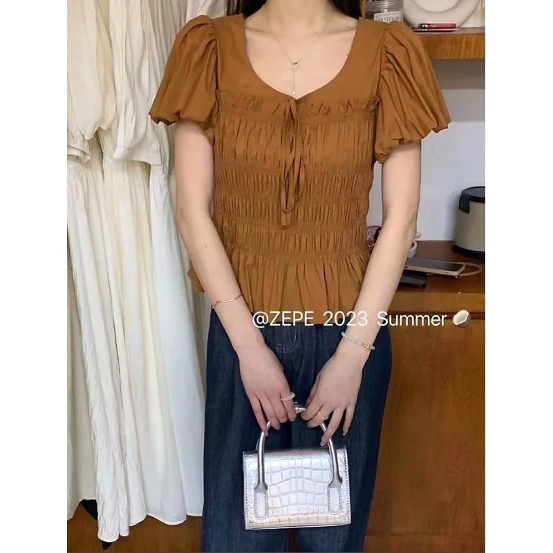 夏季新款韩版泡泡袖短袖衬衫女小个子首要木耳边上衣 9892