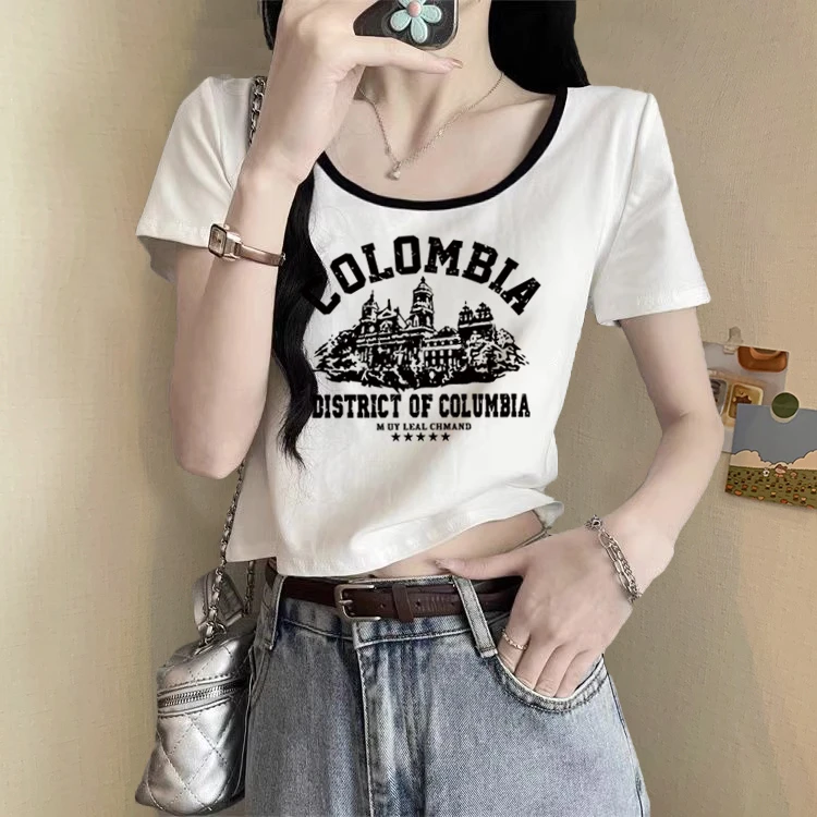 纯欲慵懒风女装正肩短袖t恤女百搭夏季低领短款高腰印花纯棉上衣
