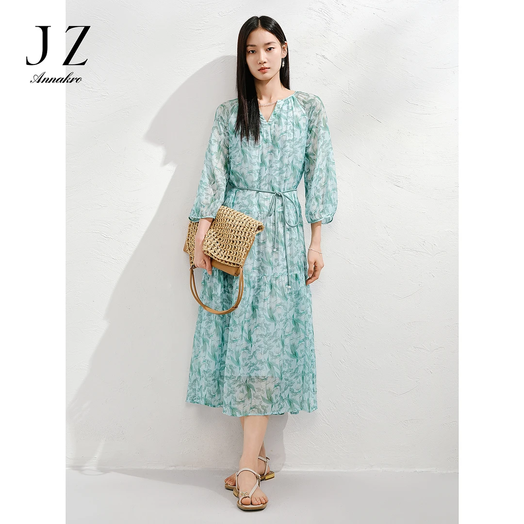 【繁花入梦】玖姿安娜蔻小V领系带印花显瘦真丝连衣裙女25