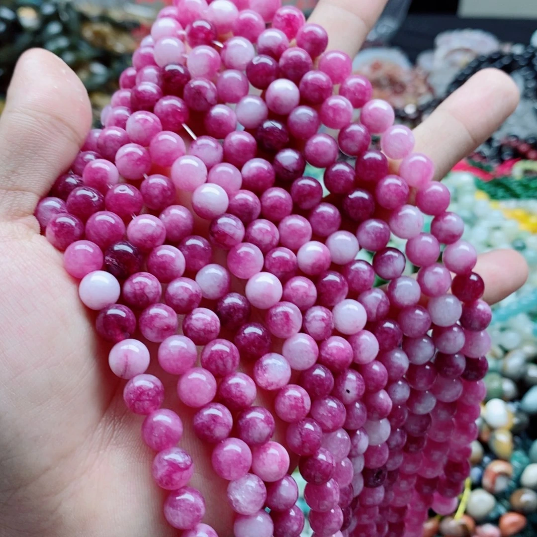玛瑙/玉髓未镶嵌珠宝半成品一条天然8mm冰透桃花玉髓圆珠