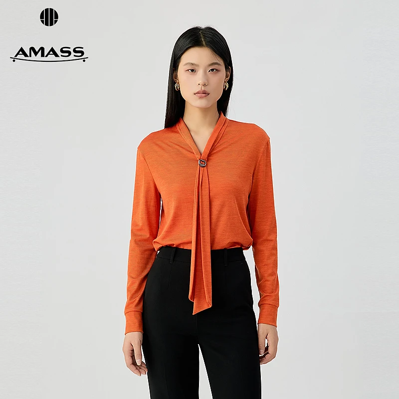 阿玛施AMASS 女装新款休闲通勤百搭领口飘带扣带长袖上衣530109