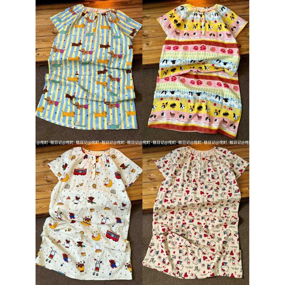 侘町圆领套头睡裙纯棉双层棉纱可爱卡通连衣裙宽松版型 · （短袖