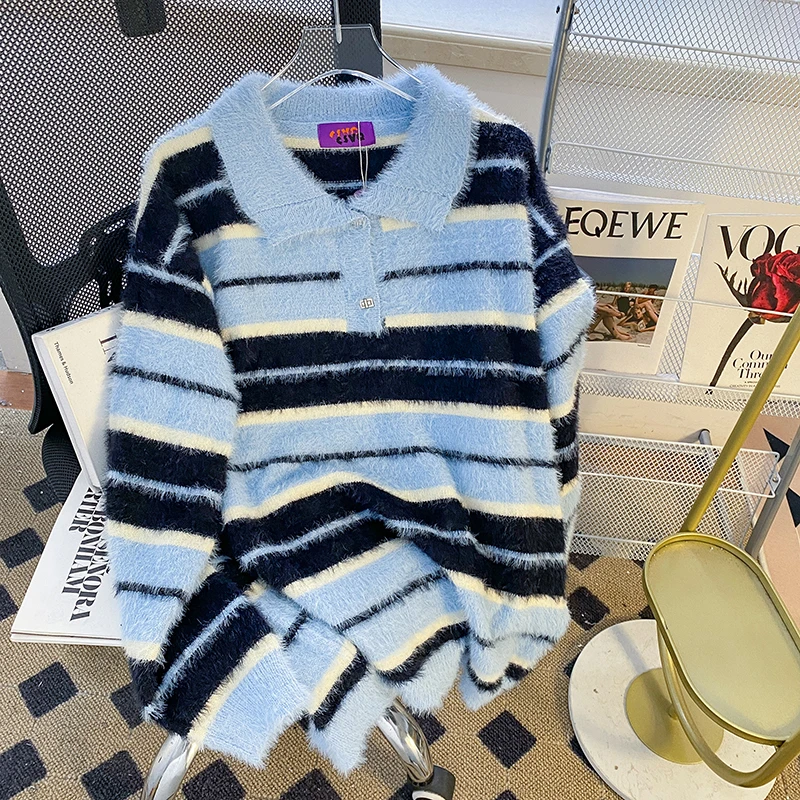 学院风条纹polo领毛衣女秋冬仿水貂毛软糯宽松长袖休闲针织衫男女