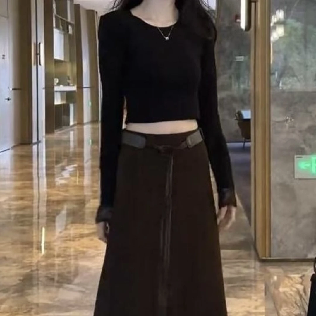 韩系时尚新款拼接镂空上衣气质百搭高腰半身裙女装