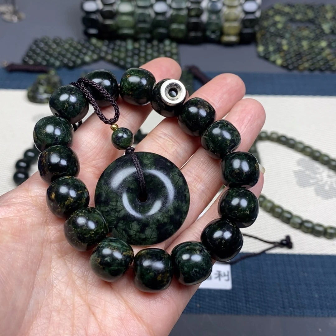 蛇纹石玉手链未镶嵌止****念精品14×12mm