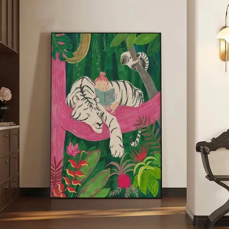 现代植物动物可爱白虎少女装饰画治愈系落地画玄关客厅装饰画S15