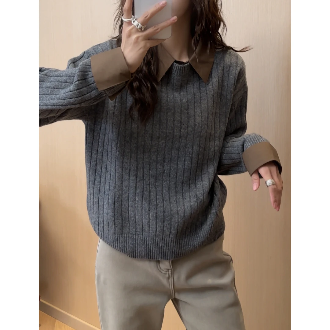 小静静一会【咖领针织毛衣】2025冬款衬衫竖纹领针织衫2512C8707