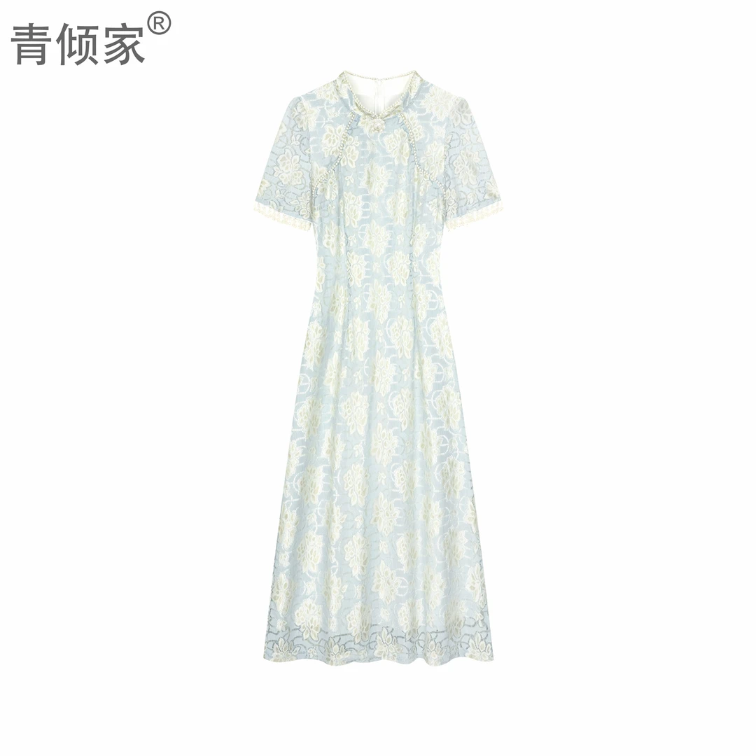 青倾家【青花雅韵】春装新款新中式双襟订婚夏季礼服连衣裙旗袍大哥