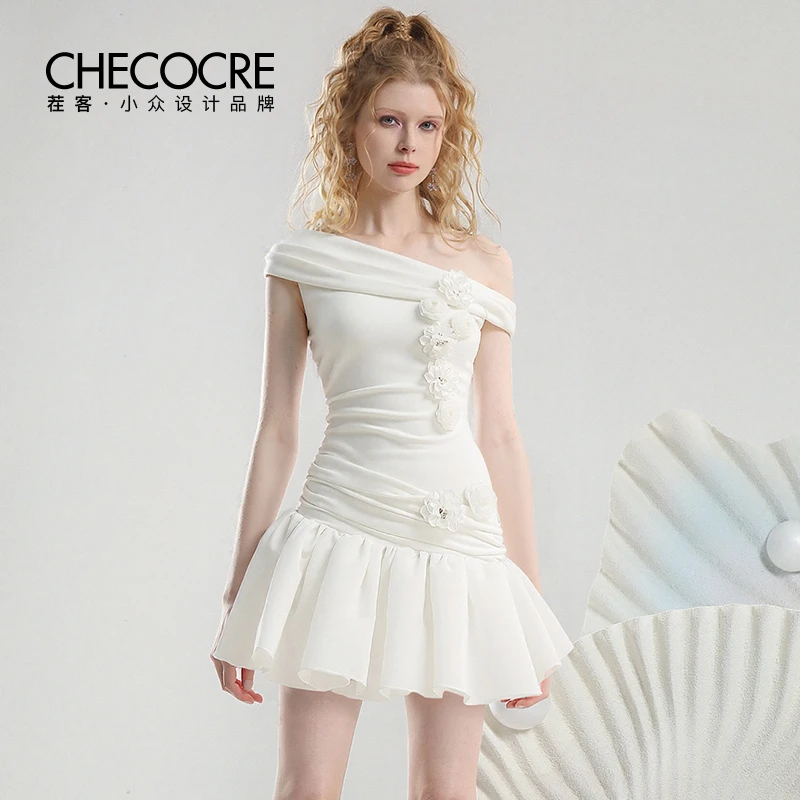 茬客甜美浪漫风连衣裙欧根纱仙气感斜肩领收腰蓬蓬裙CM700562