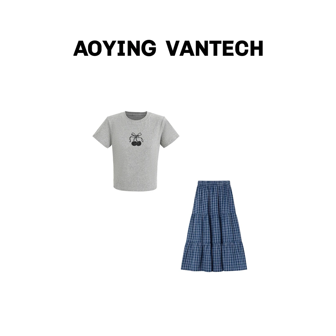 【苏打周末】小樱桃亮片T恤艺术格纹半裙套装AYWT202496+AYWT888830