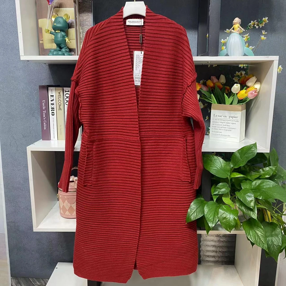 B2382【春季新款】时尚红色横条纹双口袋百搭款无扣开衫