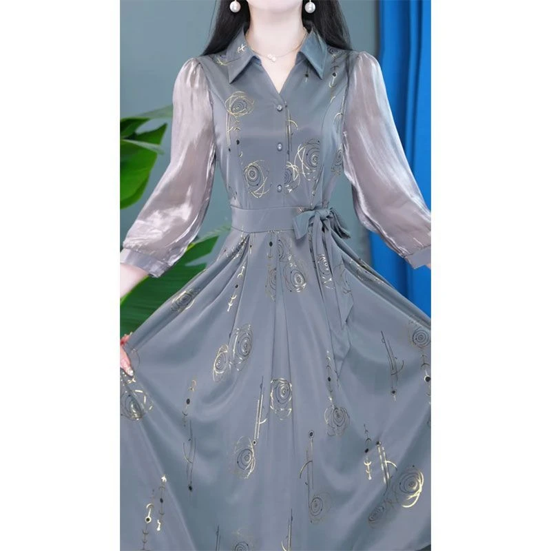 2025春季新款时尚POLO领长袖连衣裙气质显瘦拼接系带中长款a字裙