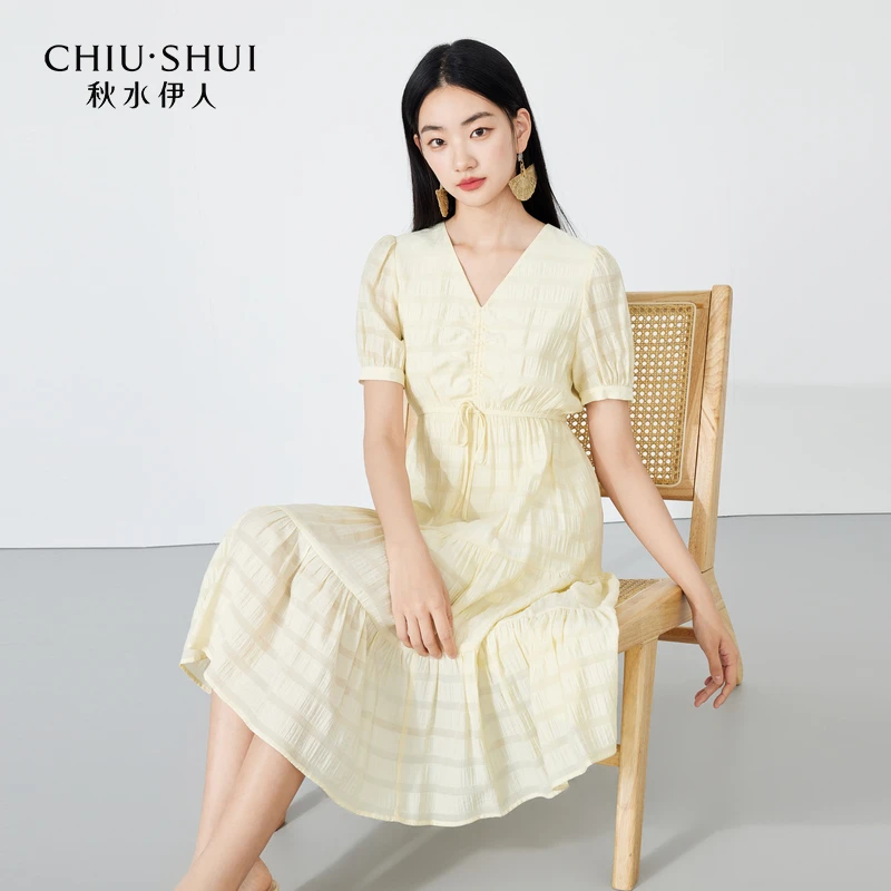 【直播】秋水伊人气质V领中长款连衣裙女装优623205A020396