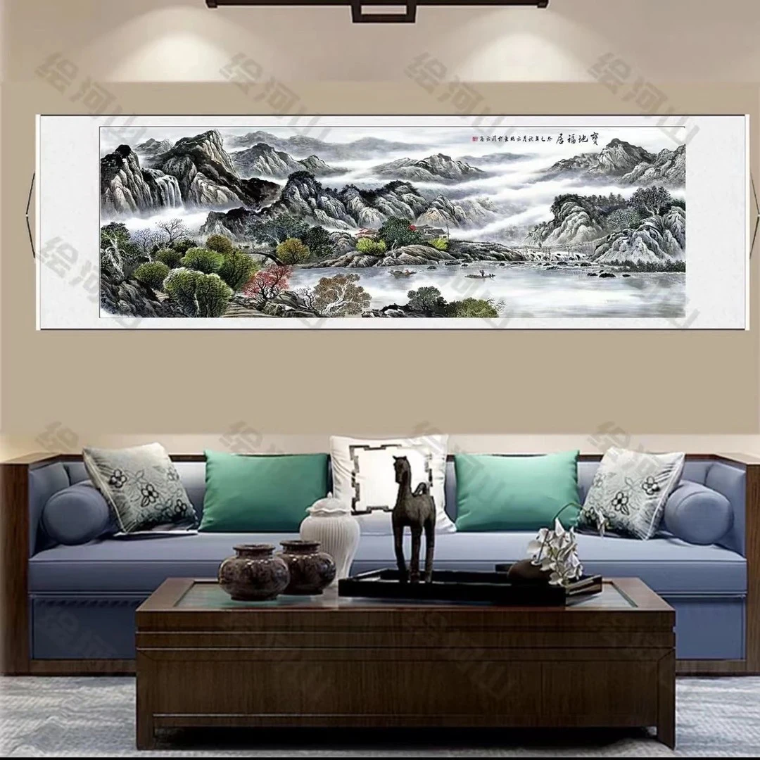 《宝地福居》180*72CM新中式横幅国画客厅书房办公室装饰画