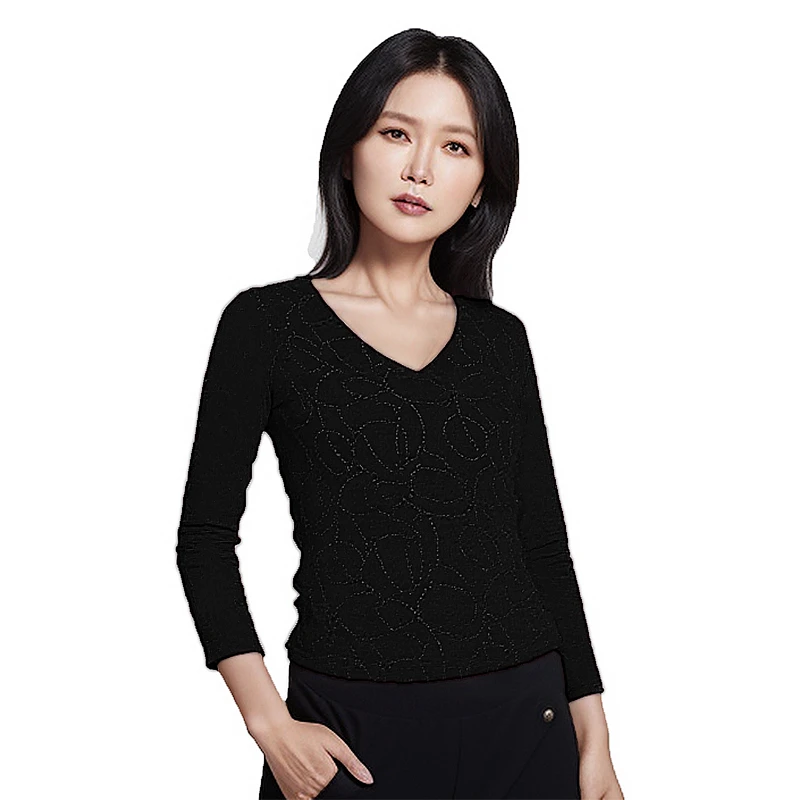 安可拉红V领烫钻长袖镶钻常规款T恤小衫百搭休闲设计师中老年妈妈