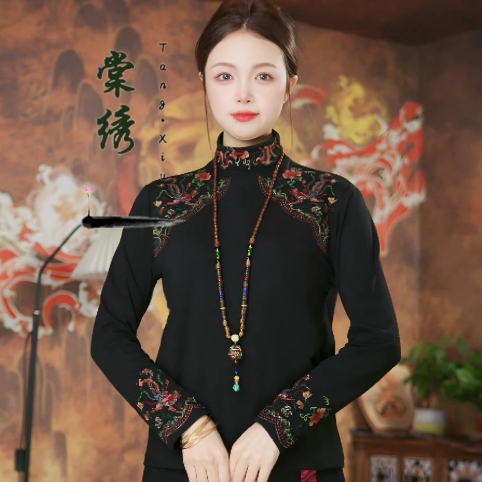 【棠绣】影舞·冬款国风刺绣立领内里磨毛T恤民族风绣花长袖打底衫