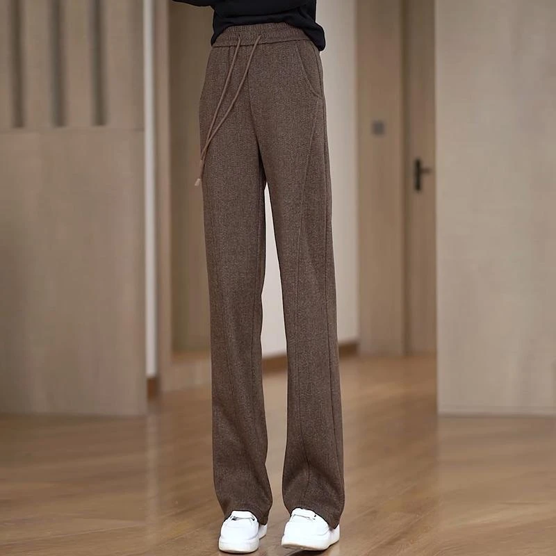 加绒加厚窄版拖地显瘦百搭直筒长裤女秋冬新款垂坠感人字纹梧桐裤
