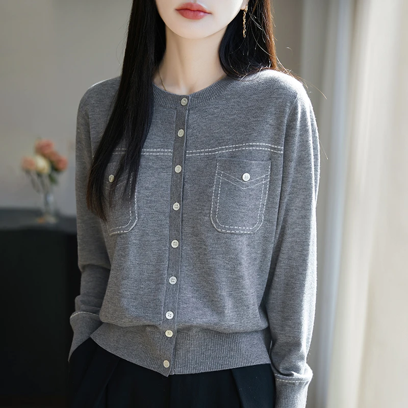 新款女士针织衫提花花兜圆领开衫春秋气质时尚百搭宽松长袖针织