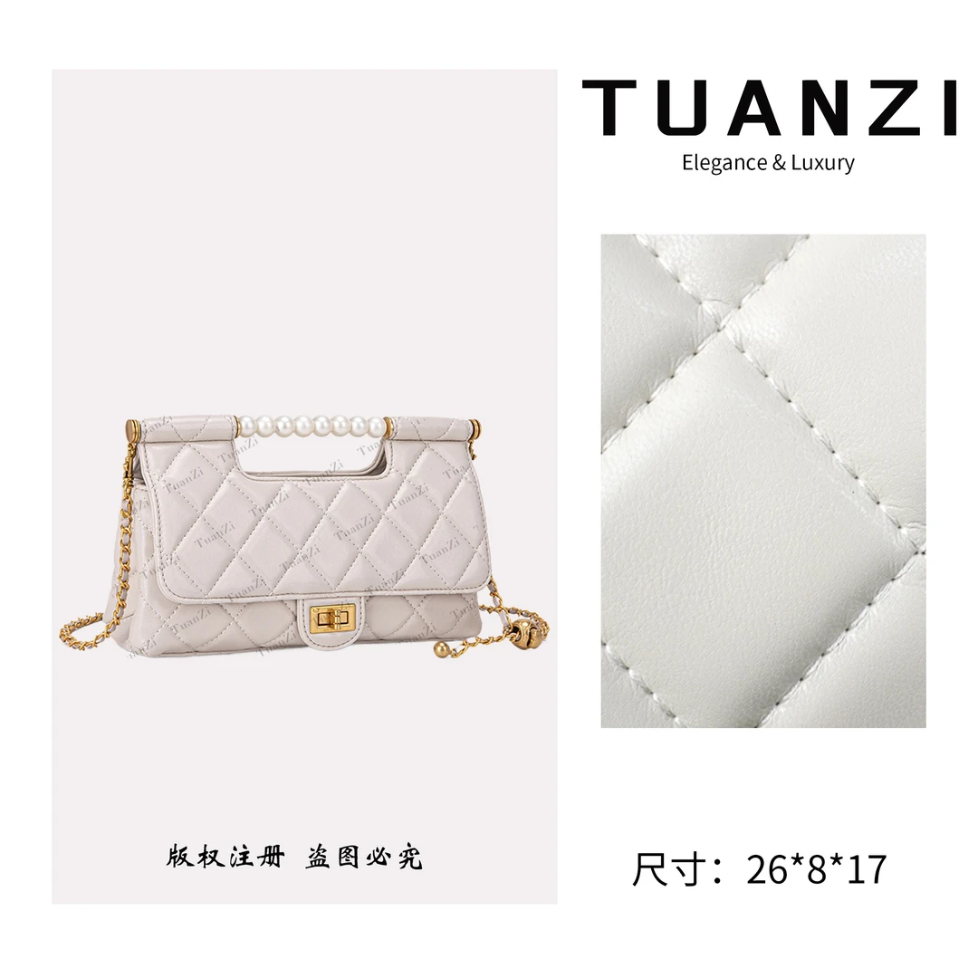 TUANZI【高端玩家】新款菱格珍珠链条手提斜挎包QYX-61381-奶昔白