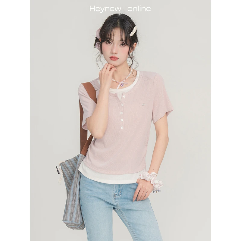 LOVEHEYNEW假两件撞色甜美圆领短袖t恤女士新款褶皱显瘦上衣5c710