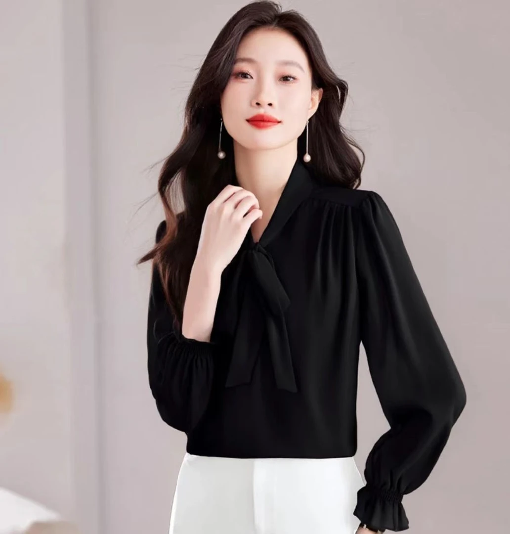 重磅天.丝~春季新款法式气质衬衣设计感飘带长袖衬衫2509（A4-20）